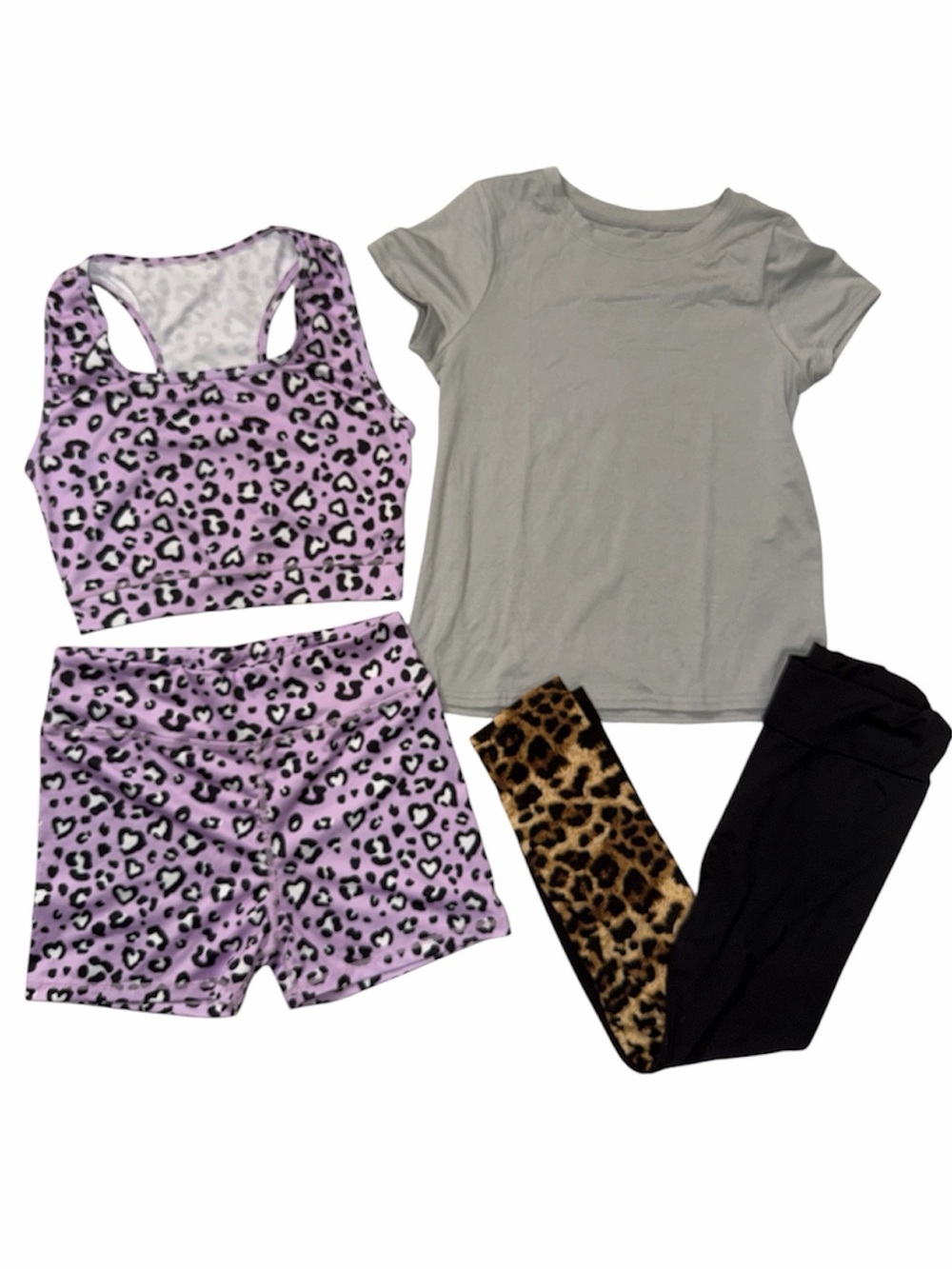 NWOT purple leopard print sports bra and short set, dry fit tee & legging 10/12